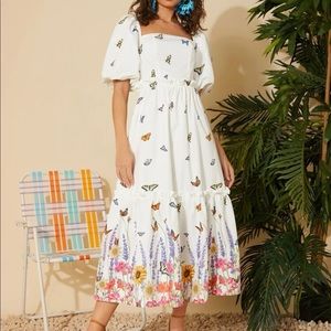 SHEIN Butterfly Print Midi Dress with Puff Sleeve